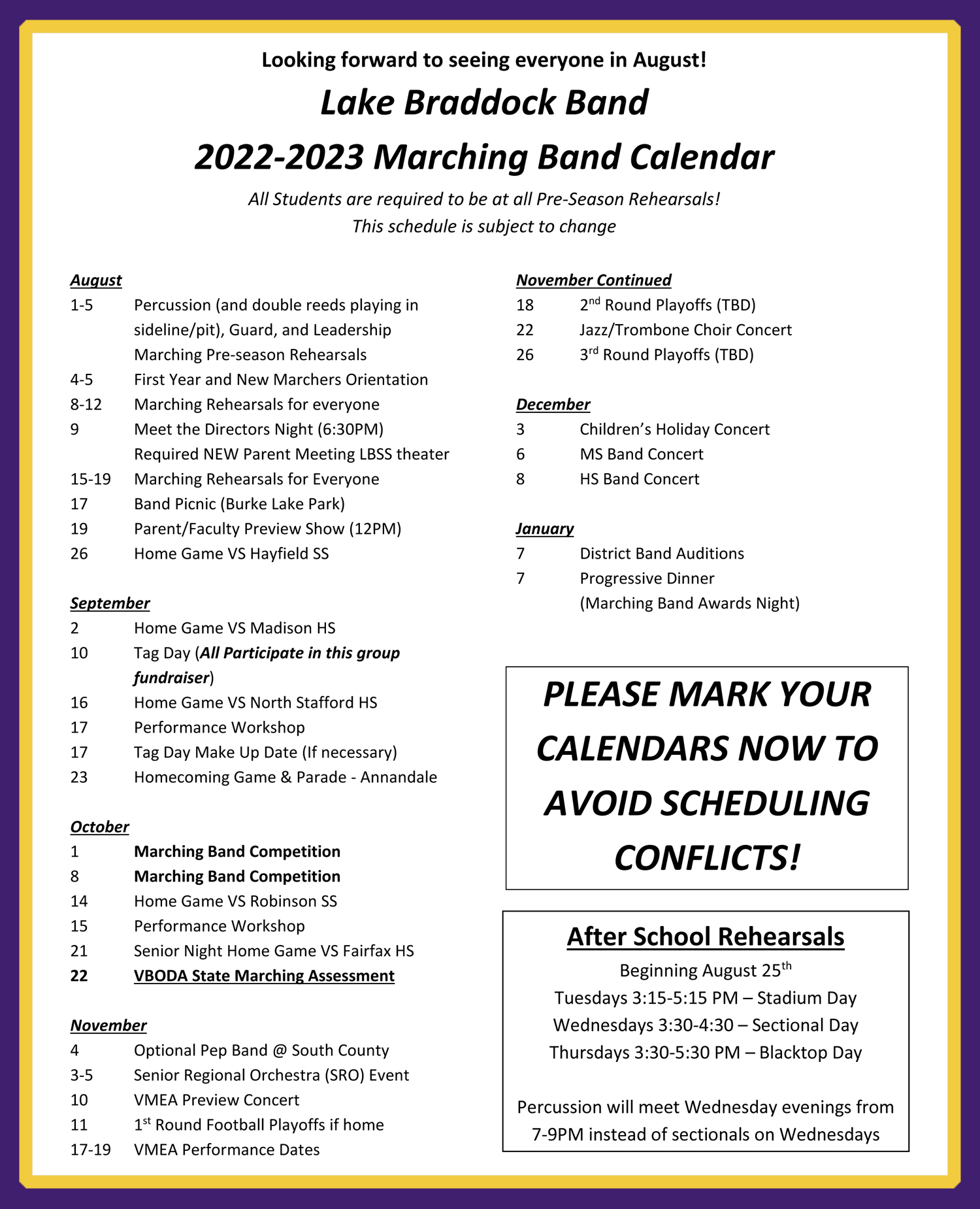 20222023 Marching Band Calendar Lake Braddock Band